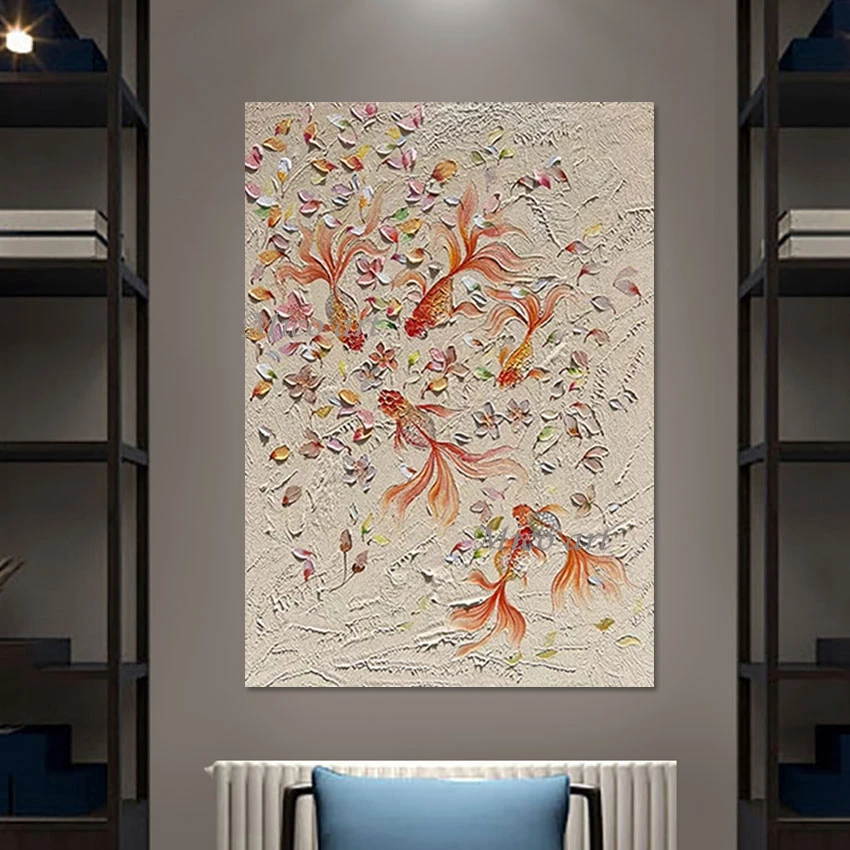 Pop Art Wall Decor Abstract Flowers Canvas Picture Modern Artwork Frameless 3D Fish Hand Drawing Acrylic Knife Oil Painting Gift