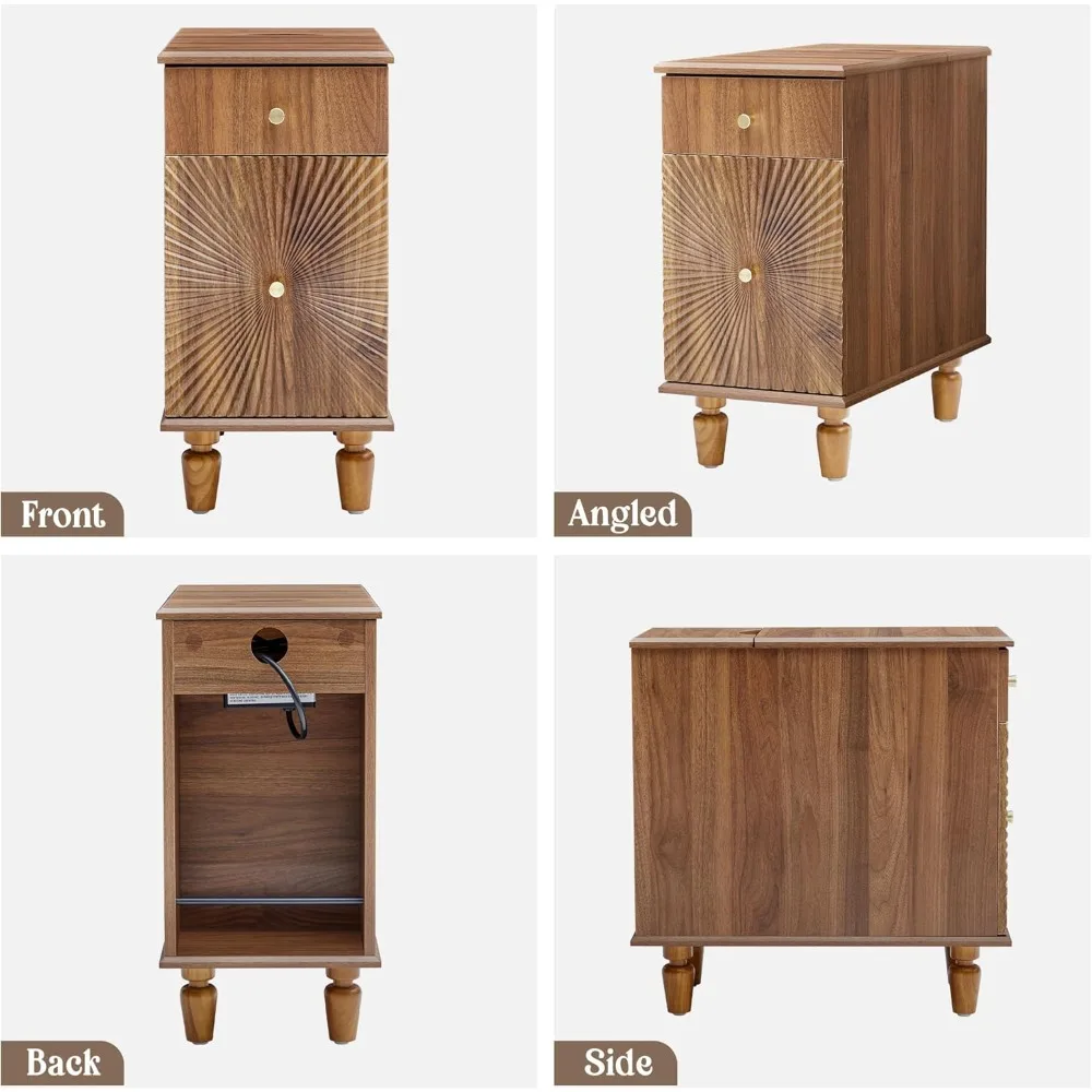 Slim Wooden Bedside Table with Charging Station and Drawer