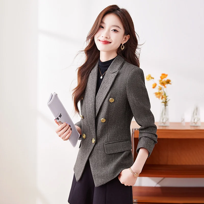 Autumn Winter Women Blazers High Quality Double Breasted Long Sleeve Blazer Ladies Coat Casual Female Suit Jacket Tops Outerwear