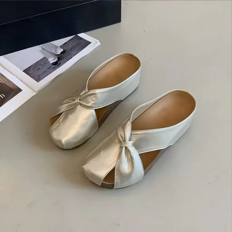 Metallic Wedge Sandals Women Cutout Bow Slippers Platform Thick Sole Closed Toe Mules Summer Outdoor Casual Beach Slides Shoes