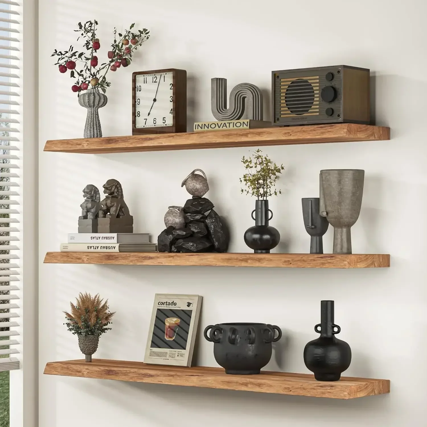 

Floating Shelves for Wall, 36"x9.3" Rustic Solid Live-Edge Elm Wood Wall Shelves, Heavy-Duty Floating Shelves with Invisible