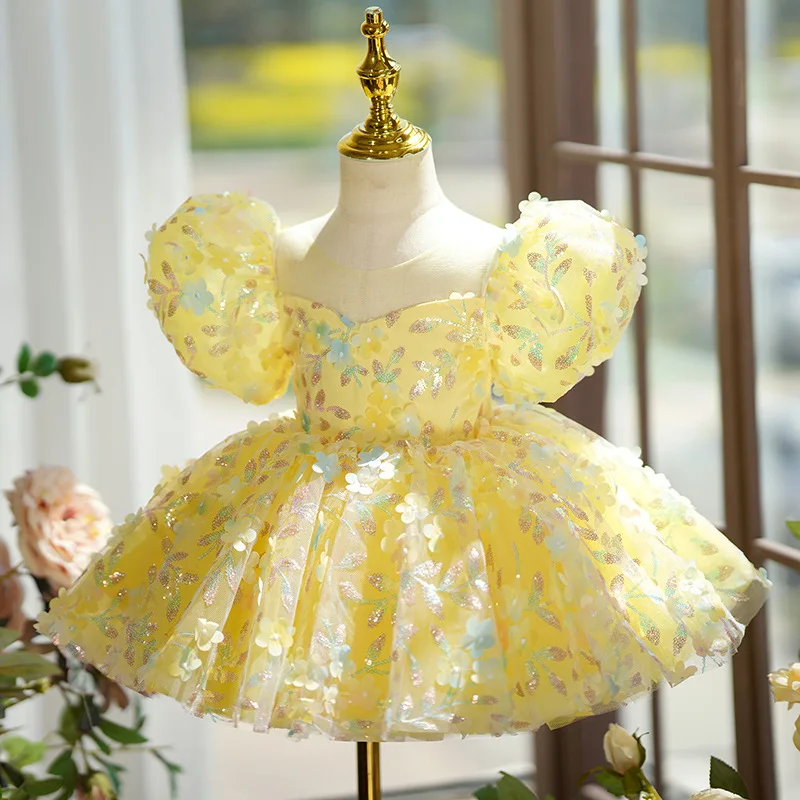 

2024 New Yellow Girl Princess Dress Children's Birthday Party Dresses Bubble Sleeves Flower Sequin Ball Girls Holiday Frocks