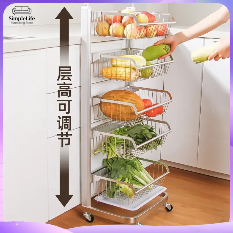 Multifunctional Kitchen Cart with Storage Baskets Rolling Trolley for Vegetables Fruits Spices Utensils Heavy Duty Stainless