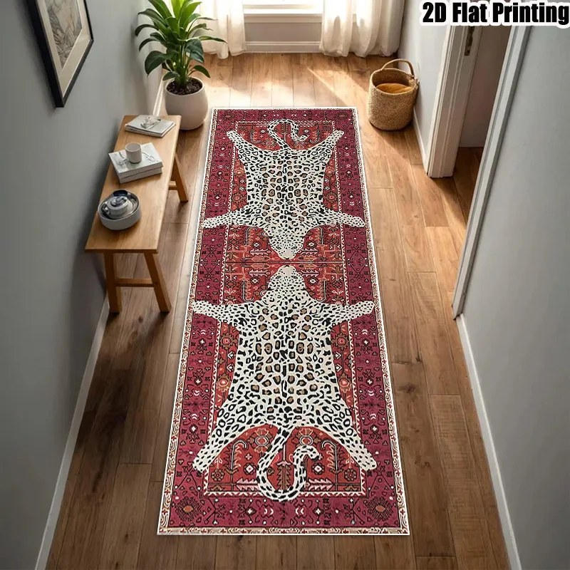 Wine Red Leopard Print Wild Fashion Unique Runner Rug for Hallway Bold Animal Look Carpet Floor Mat Statement