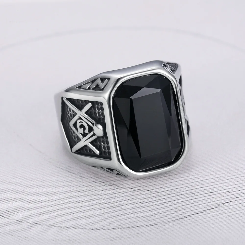 Punk Masonic Rings big stone For Men Sliver Color Stainless Steel Vintage AG Freemason Classic Jewelry Gifts Dropshipping