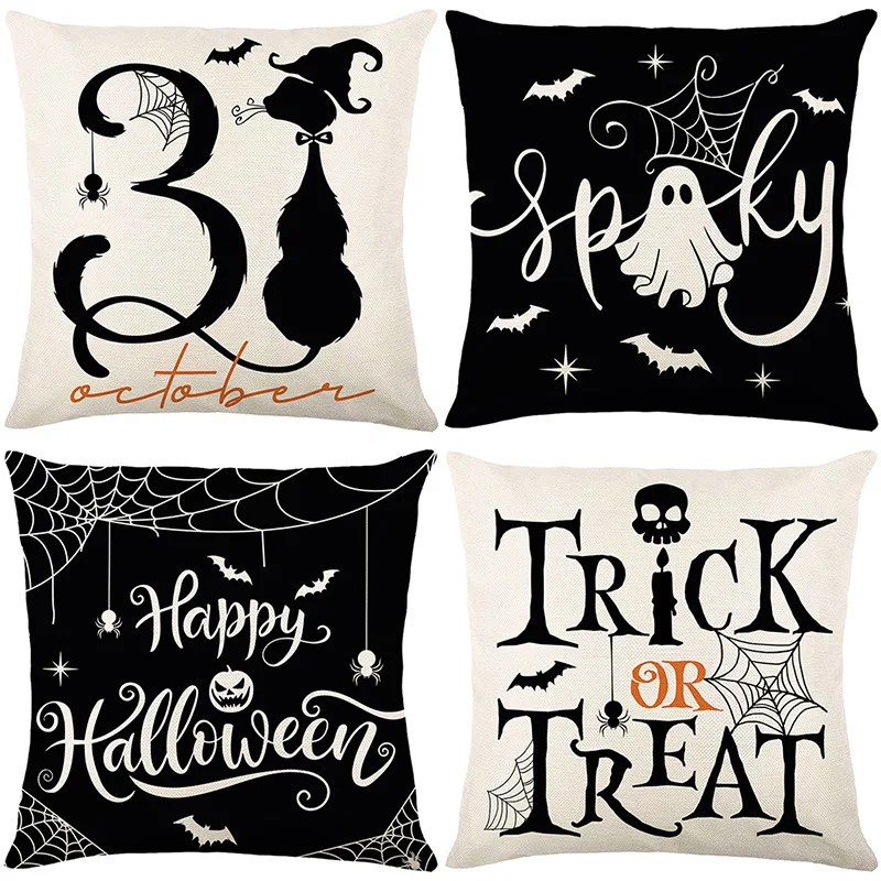 

1pc Halloween Themed Cushion Cover Black Cat White Ghost Pattern Covers for Halloween Party Festival Gift House Decoration