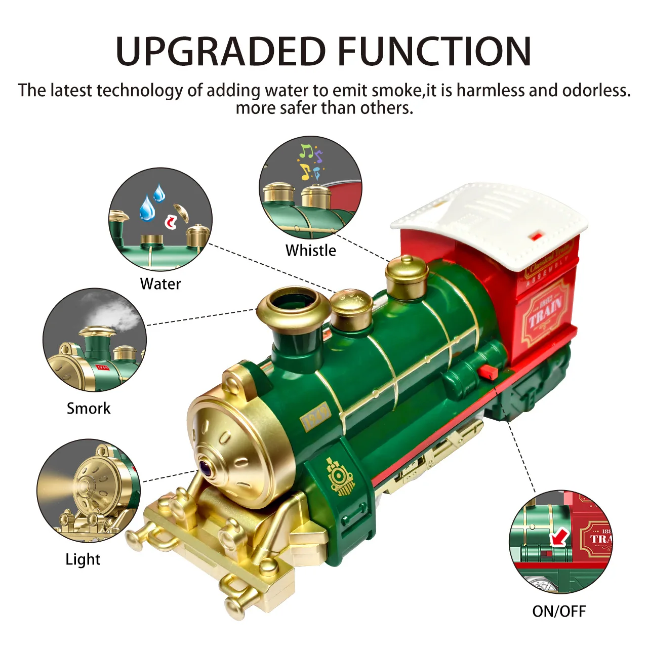 Electric classical steam spray train, light music rail car, children's toy train