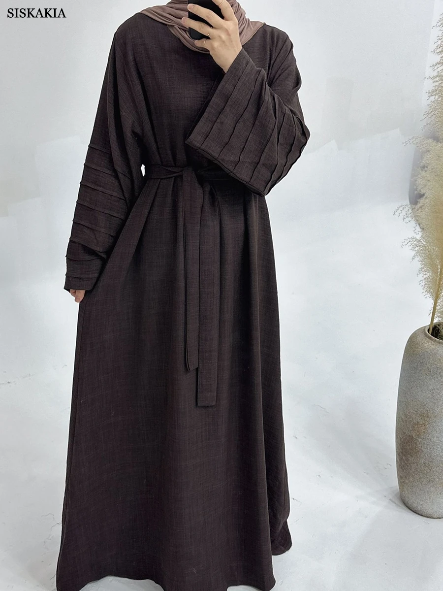 

Siskakia Solid Ethnic Modest Big Size Belted Long Dresses Muslim Ramdan Eid Women Clothing Saudi Moroccan Kaftan Turkish Abayas