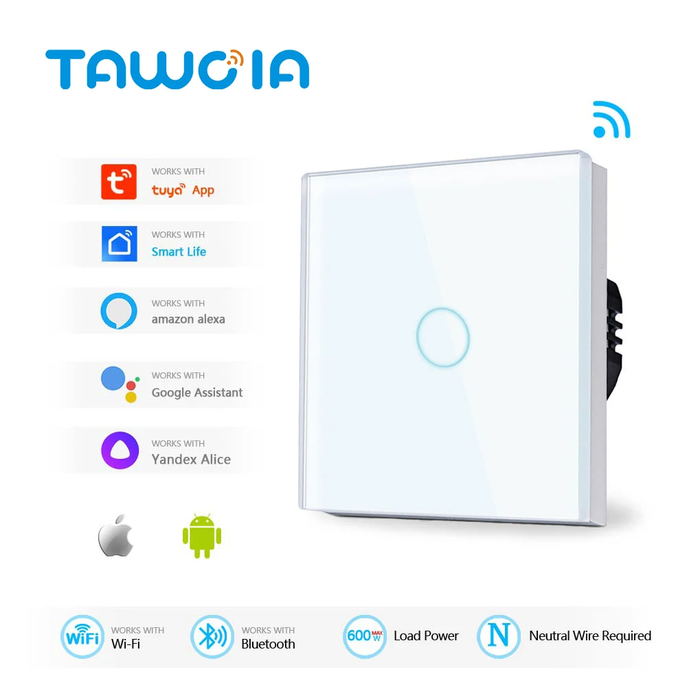 TAWOIA WiFi Touch Switch 1/2/3/4 Gang Light Switch 600W Need Neutral Wire Support Alice Alexa Yandex Tuya Google Home Smart Life