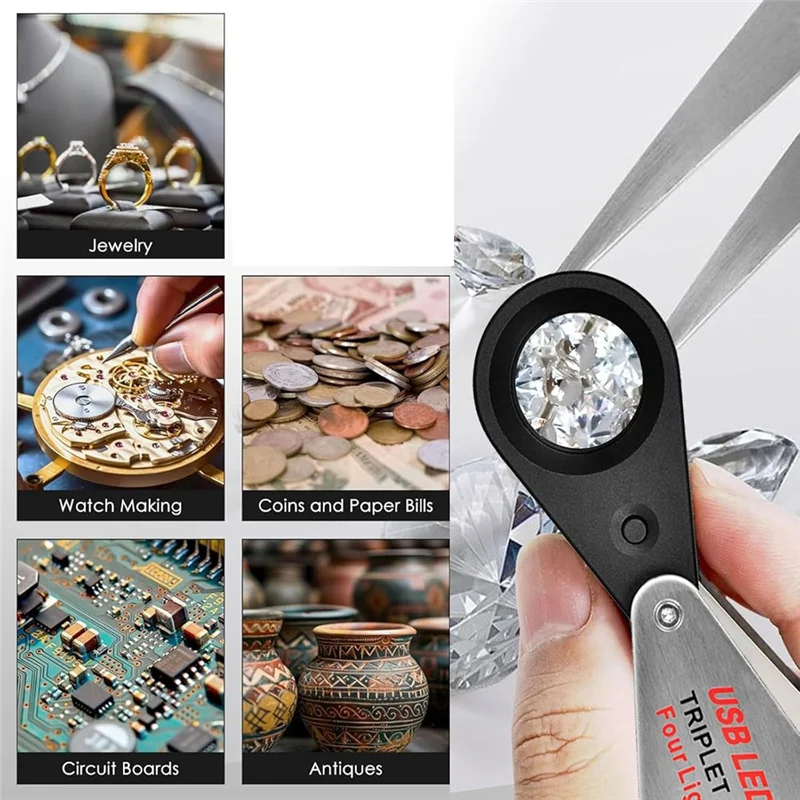 -A89Z 30X Jewelers Loupe Magnifier USB Rechargeable With UV & LED Lights, Four Types Of Light For Gemstone, Coins, Stamps