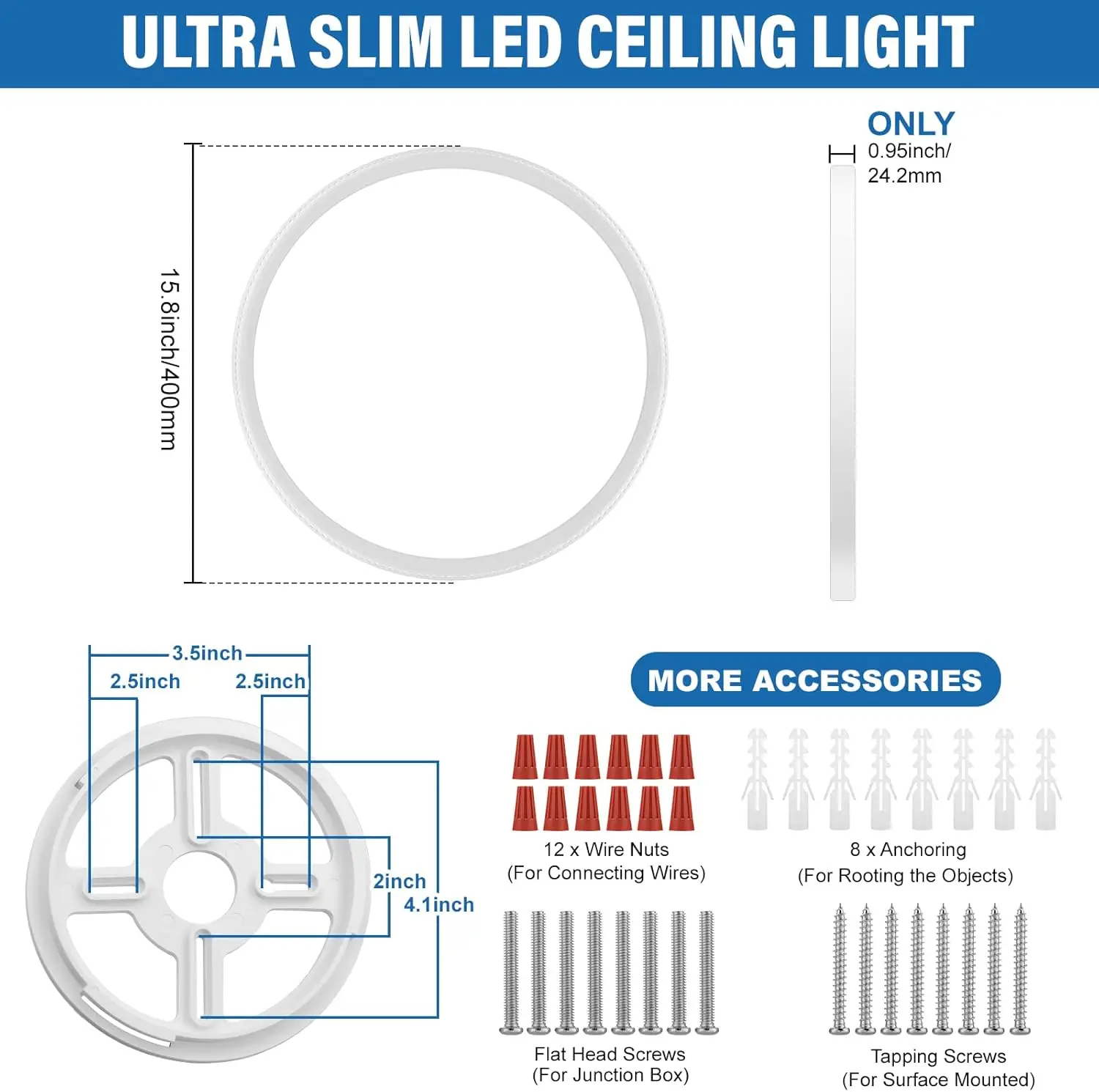 초박형 표면 장착 조명 기구, LED 천장 조명, 42W 4500Lm, 15.8 인치 3000K, 4500K, 6000K, 3Cct 선택 가능한 플러시, 2 팩