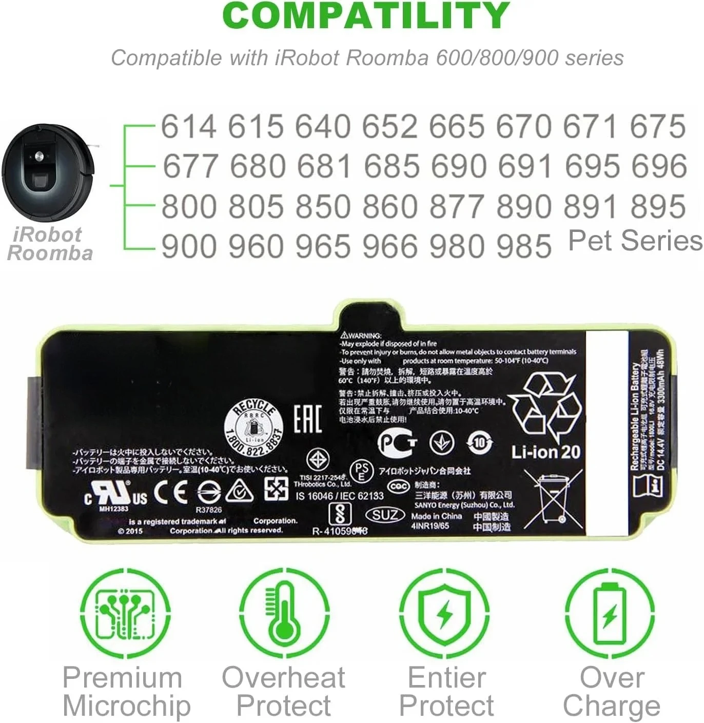 

Replacement 1800LI 6500LI Battery For iRobot Roomba 655 690 780 805 860 880 890 960 601 760 980 Sweeping Robot Battery