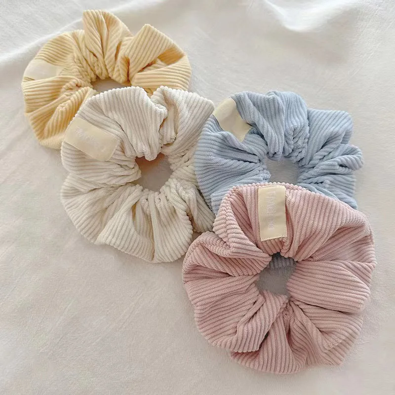 Vintage Solid Color Corduroy Stripe Hair Scrunchie Elastic Hair Bands Korean Hair Accessories For Women Girls Ponytail Headwear