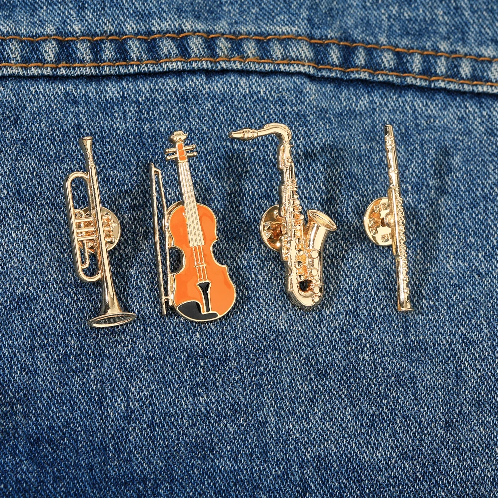 Funny Musical Instruments Enamel Brooches Trumpet Clarinet Saxophone Violin Shaped Golden Pins Symphony Orchestra Badge