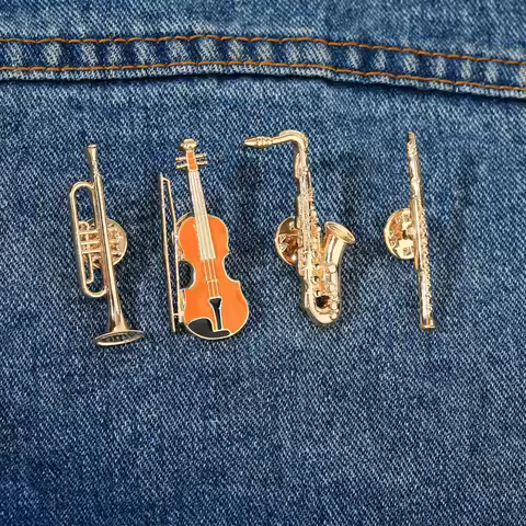 Funny Musical Instruments Enamel Brooches Trumpet Clarinet Saxophone Violin Shaped Golden Pins Symphony Orchestra Badge