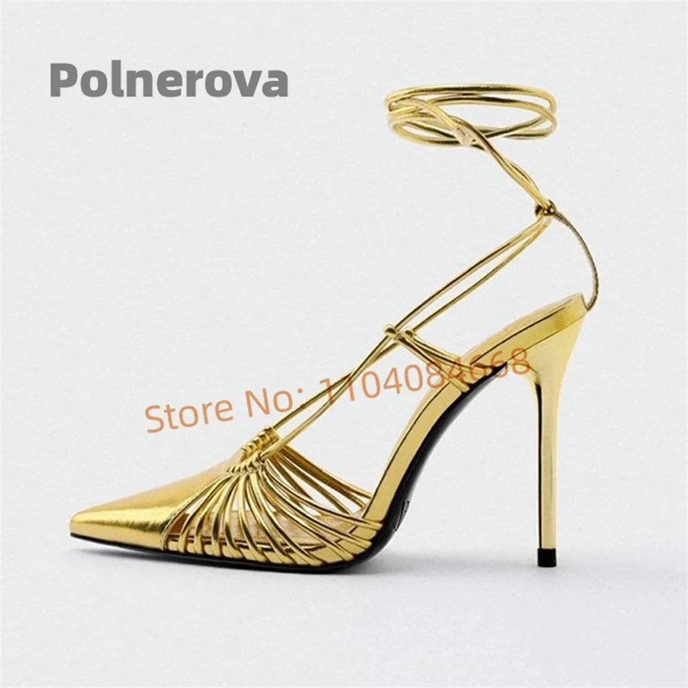 

Golden Narrow Band Strappy Sandals for Women Pointed Toe Hollow Lace-Up Stiletto High Heels Sexy Fashion Women's Shoes Summer