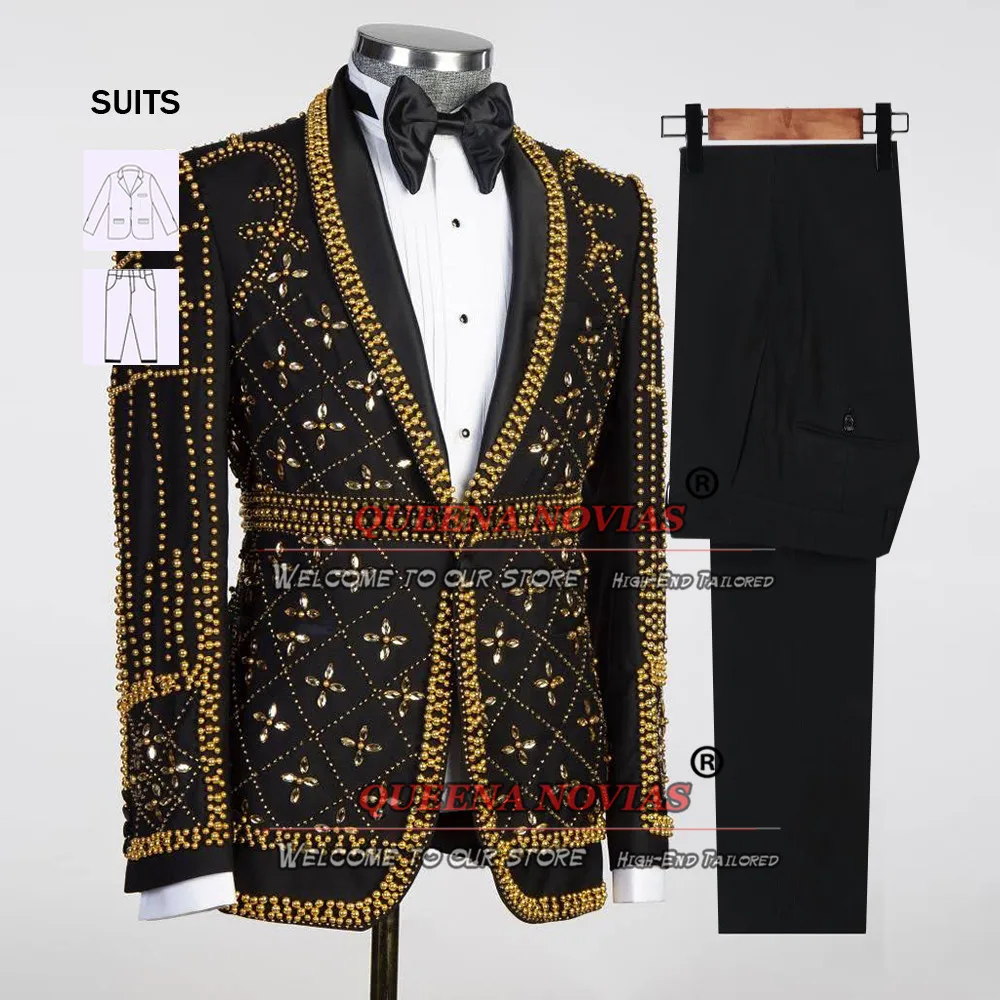 Black Wedding Suits For Men Groom Wear Tuxedos Plus Size Handmade Beading Coat Pants 2 Pieces Male Fashion Formal Clothing 2024