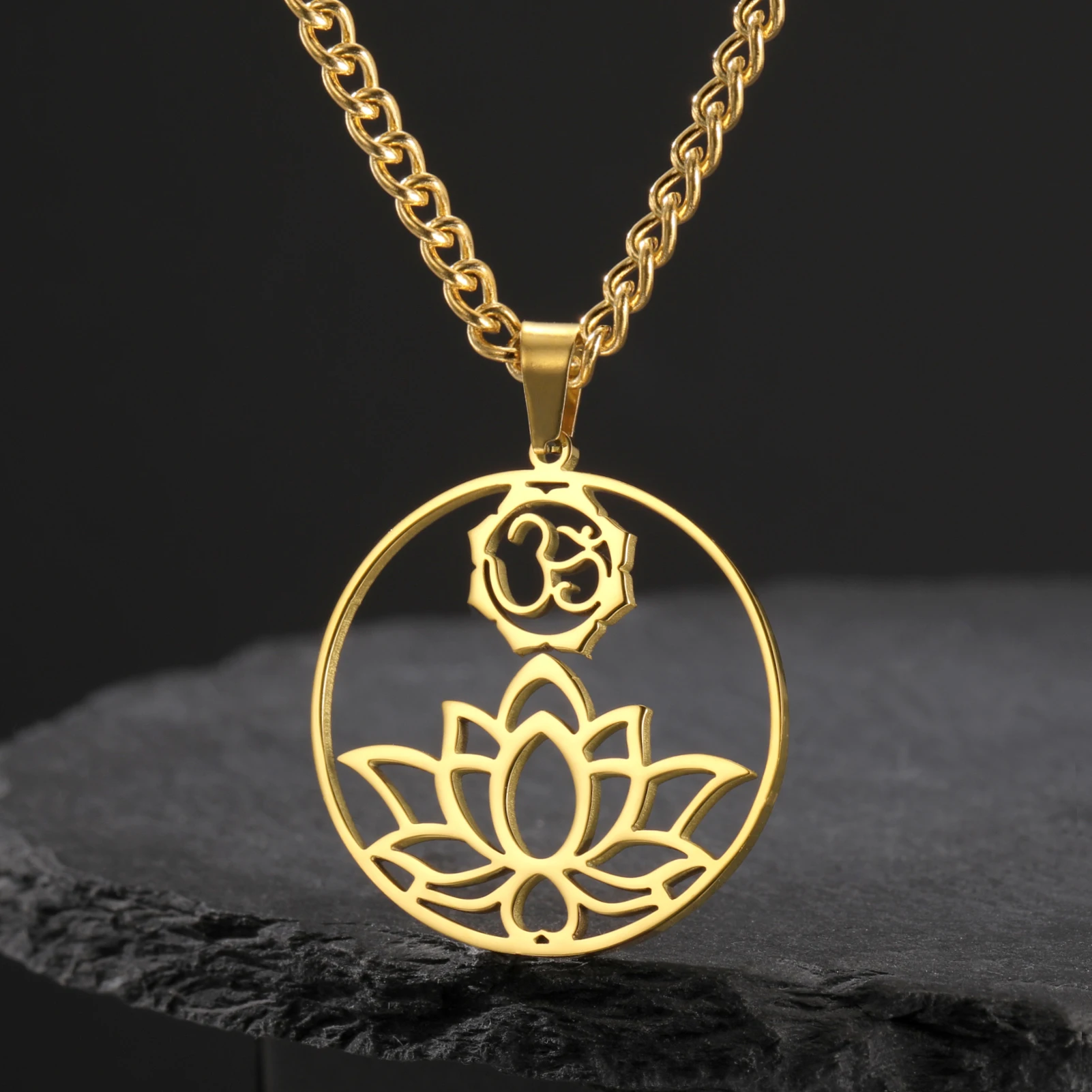 Teamer Indian Buddhism Yoga Symbol Necklace Lotus OM Sun Stainless Steel Necklace for Women Men Spiritual Meditation Jewelry