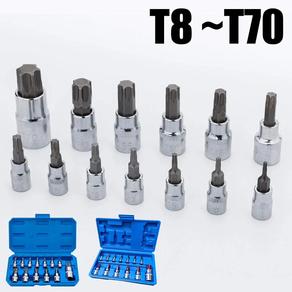 1/4 3/8 1/2-Inch Drive Torx Bit Socket Set Dr. T8 - T70 E Star Premium S2 Alloy Steel Cr-V Steel Star Socket Torx Bits Metric
