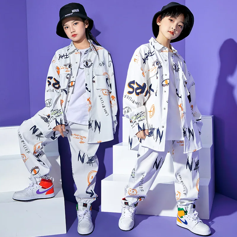 Kid Cool Kpop Hip Hop Clothing White Print Shirt Coat Top Streetwear Jogger Sweat Pants for Girl Boy Jazz Dance Costume Clothes