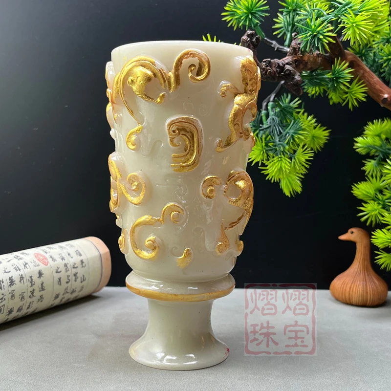 Luminous jade cup, dragon and phoenix cup, nine-dragon wine cup, wine bottle, elegant home decoration for living room and study,
