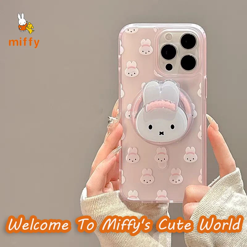 Cute Miffy Pink Rabbit Phone Case for IPhone 16 15 14 Magnetic Pop Socket Holder Shockproof Translucent Cartoon Cover Fans Gifts