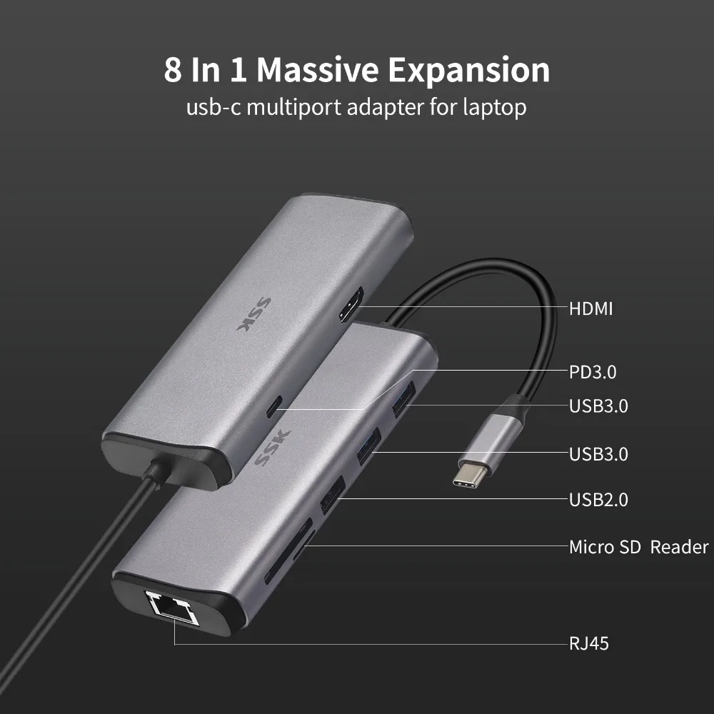 SSK 8-in-1 USB-C Hub  Remarkable Resolution USB C Dock  Docking Station HDMI DP 4K 60HZ for Laptop MacBook Dell Lenovo Usb Hub