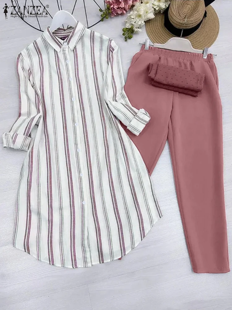 

ZANZEA Women Sets Elegant Striped Two-piece Suits Outfits Casual Lapel Neck Long Shirts Elastic Waist Pants 2025 Matching Sets