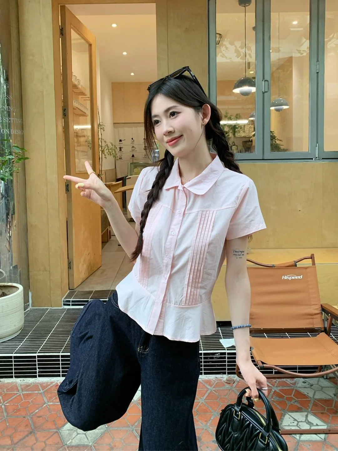 

Korean Style Sweet Pink Short Sleeve Shirt Women Summer New Loose Casual Waist Inward Doll Shirt Top Fashionable Casual Wear