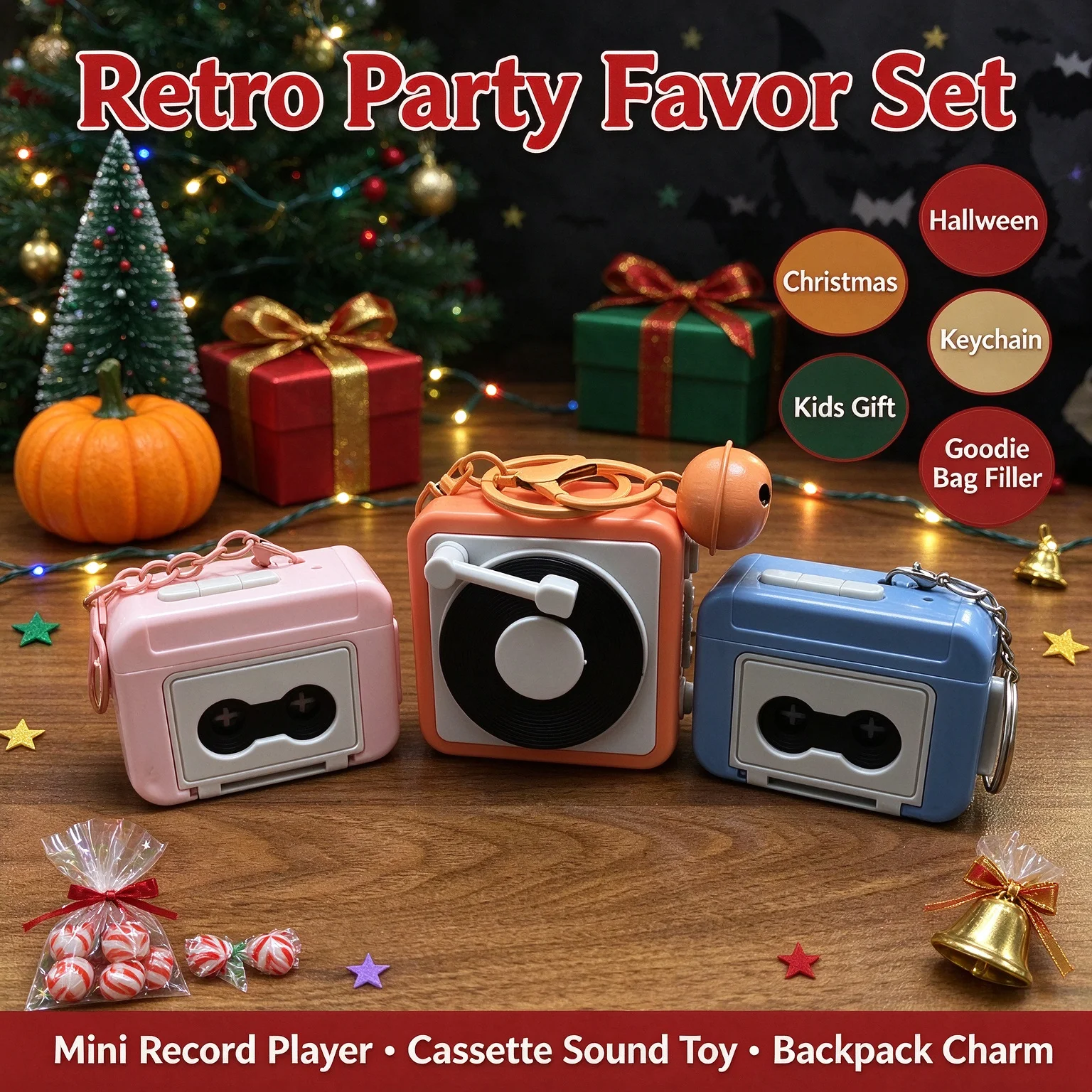 Retro Sound Keychain, Christmas Halloween Party Favor, Mini Cassette Record Player Toy, Kids Backpack Charm Gift