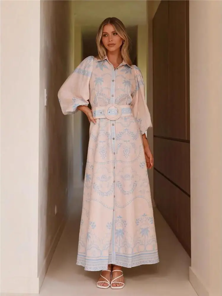 Casual Linen Long Dress Women's Bubble Sleeve Belted Waist Slimming  Color Dress Cleanfit Style One-step Skirt Casual Wear
