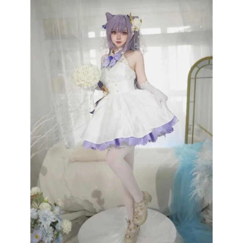 Keqing Bridal Lolita for Women Genshin Impact Cosplay Costume Cute White Dress Gloves Socks Wig Suit Comic-Con Roleplay Set view 5
