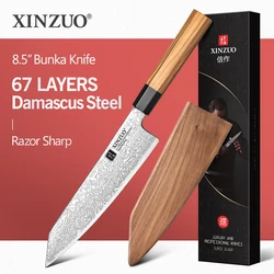 XINZUO 8.5'' Bunka Knife 67 Layers Damascus Steel Olive Wood+Buffalo Horn Handle Fruit Knife Vegetable Knife Kitchen Tools