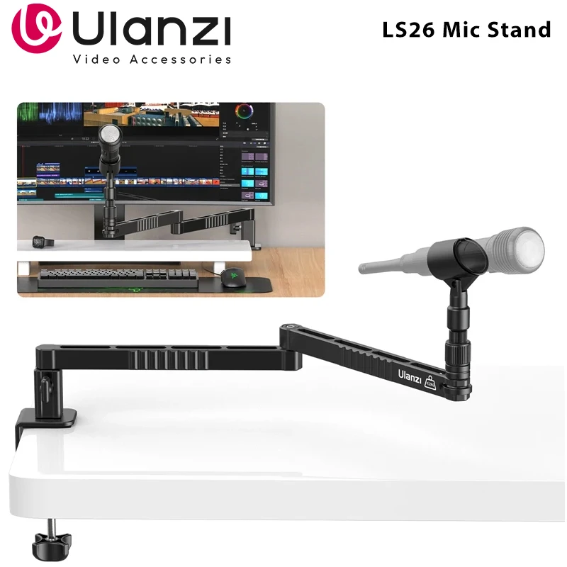 Ulanzi LS26 Low Level Microphone Stand Desktop Mic Boom Arm Adjustable Clamp Clip Support Multi-angle Adjustment and Stretching