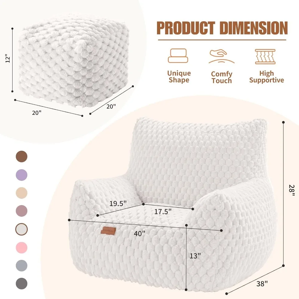 Bean Bag Couch Sofa with Ottoman, Lounge Chairs for Adults, Comfy Faux Fur Reading Chair for Living Room