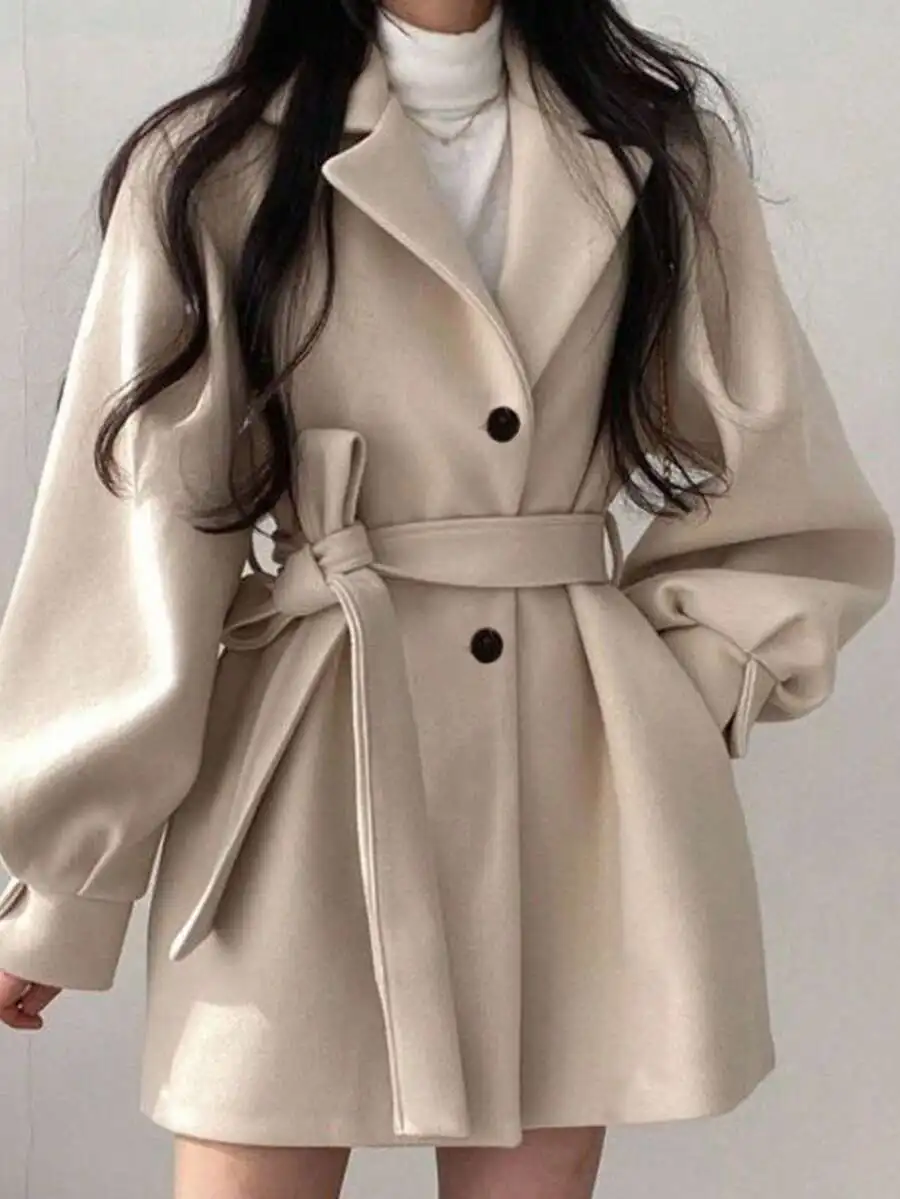 

Elegant Beige Wool Blend Wrap Coat with Belt and Double Buttons