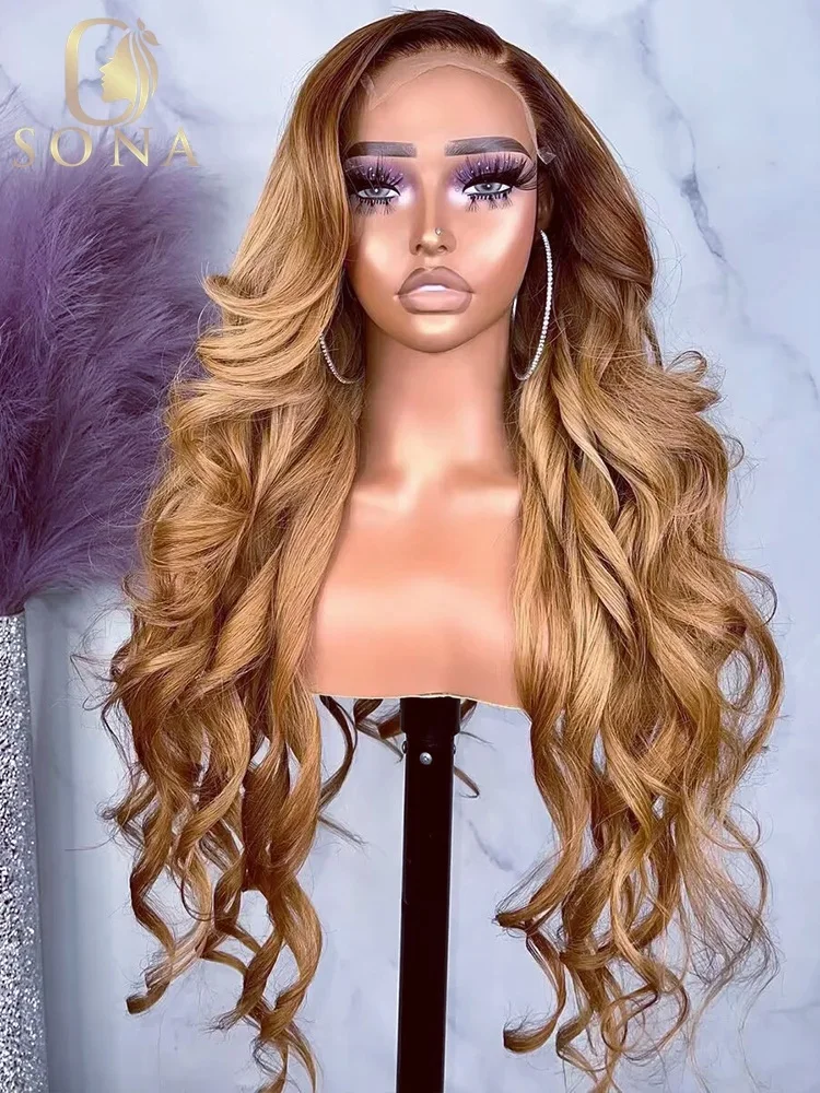 4/27 Honey Blonde 13x6 Transparent Lace Frontal Wig Colored Human Hair Wigs with Brown Root Wavy Lace Front Wigs Pre Plucked