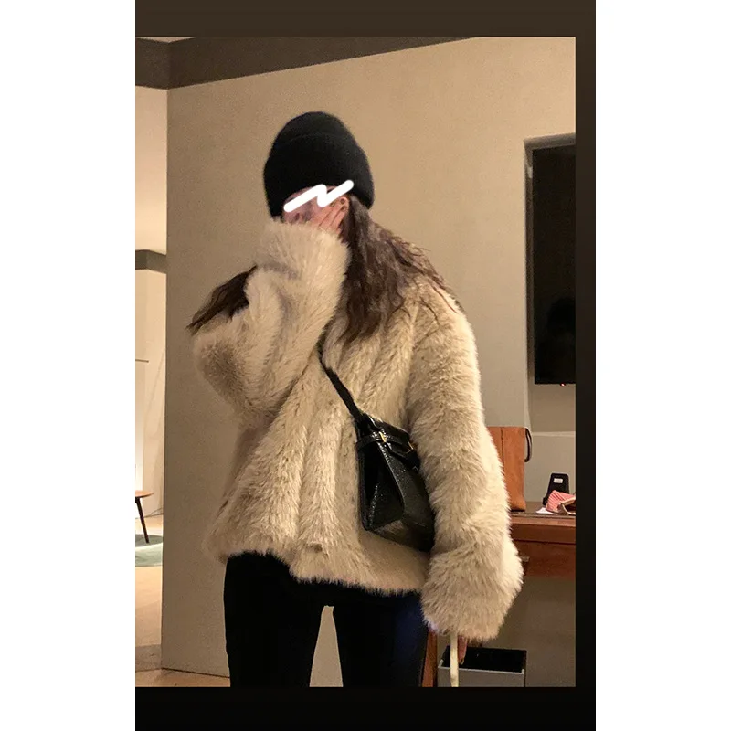 

Thick Winter Women Faux Rabbit Fur Jacket Solid Loose Stand Collar Eco Fur Coat For Female Versatile Commuting Lady Fur Jacket