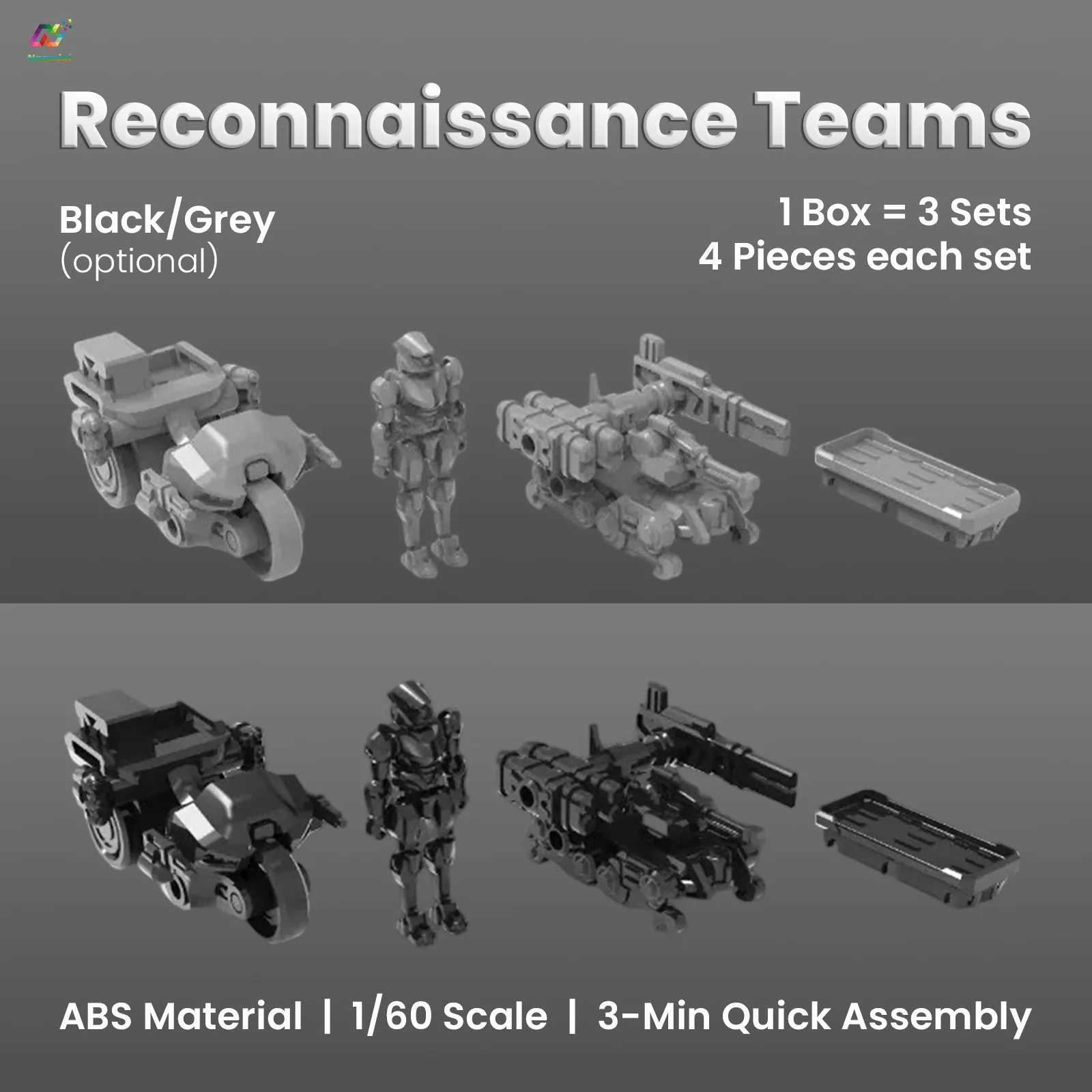 

SHEIK MAINLAND 3MIN PROJECT 1/60 Scale Reconnaissance Team Military Robot Assembly Model Kit 3 Sets/Box ABS Material Hobby