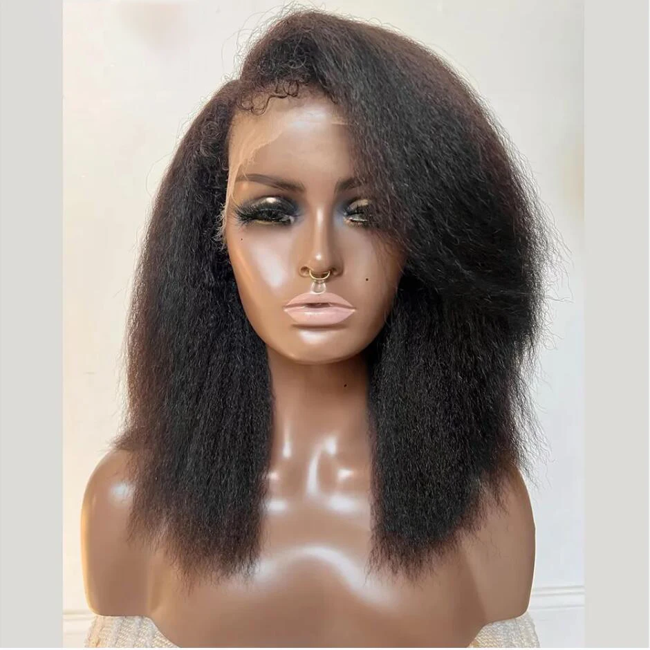 

Soft Yaki 180%Density Preplucked Black Short Bob Kinky Straight Deep Lace Front Wig For Women Babyhair Natural Hairline Glueless