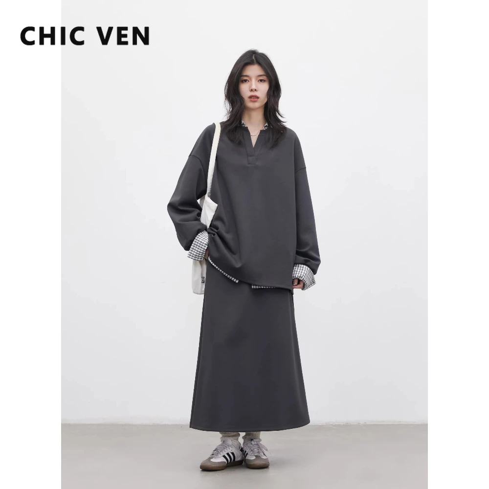 

CHIC VEN Women Skirt Set Solid Loose Casual V-neck Sweatshirt A-line Drawstring Half Pullover Sportswear Coat Spring Autumn 2026