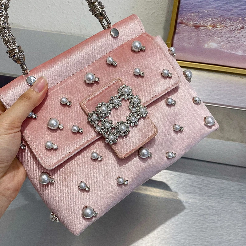 Velvet Denim Evening Rhinestones Clutch Party Bag For Women Luxury Designer Handbags Purse 2023 New In Pearl Shoulder Crossbody