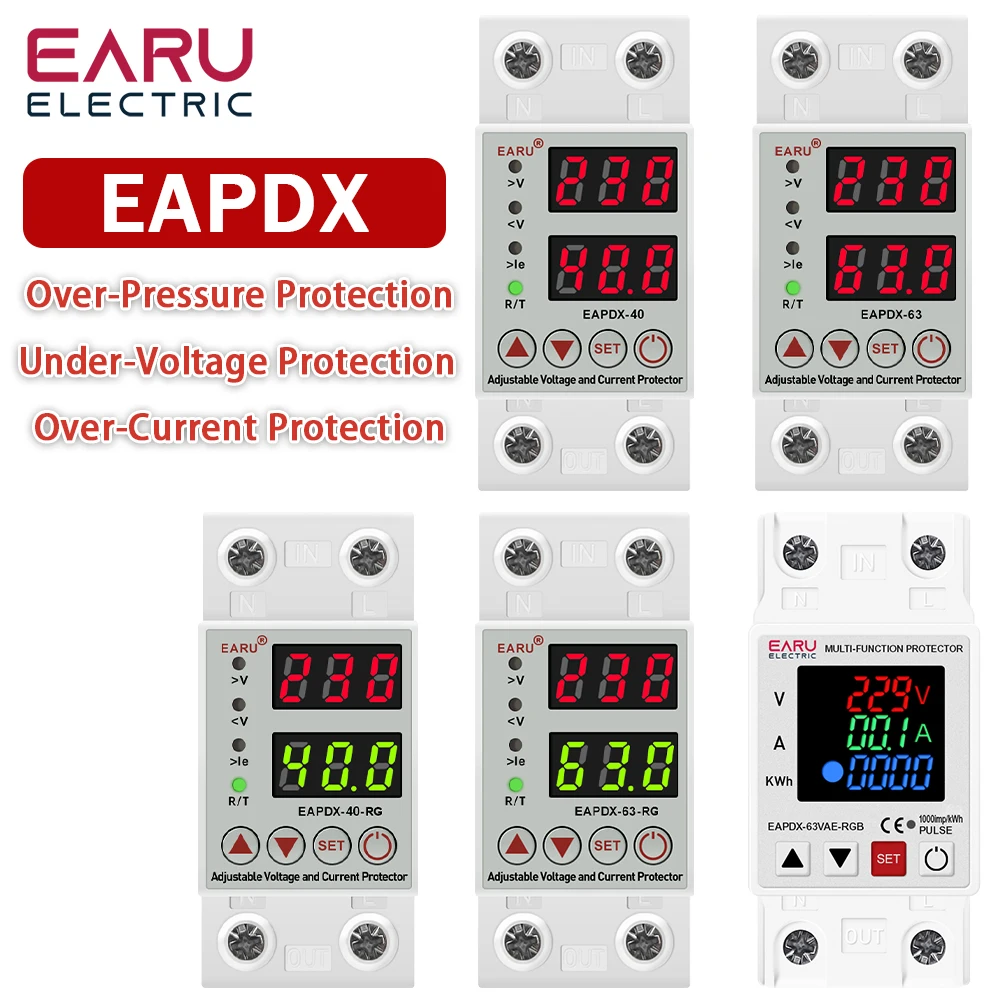 Din Rail Dual Display 40A 63A 230V Adjustable Digital Over Under Voltage Relay Protective Device Limit Over Current Protection