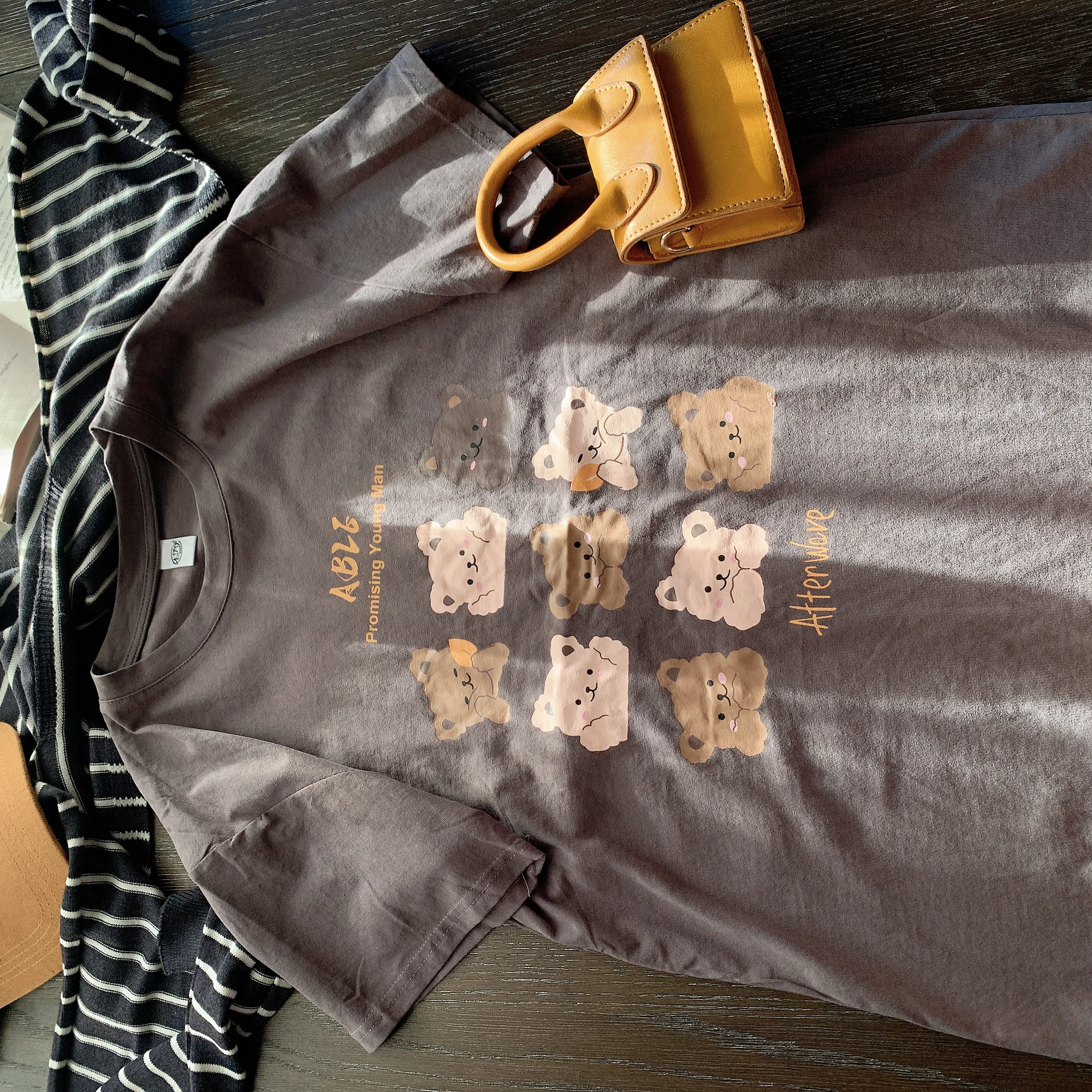 Vintage rond Ne T-shirt pur coton oulder Waed l Original petit ours neuf ids grande tête impression haut décontracté