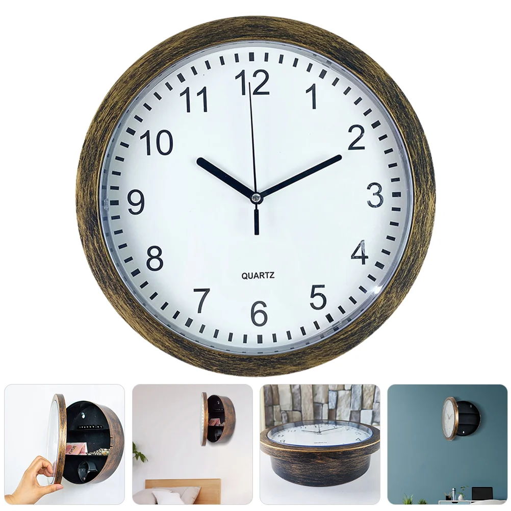 s Retro Safe Clock Brown Gold Storage Wall Hanging Home Decor Mute Simple Style Living Room Bedroom Round Shape Without