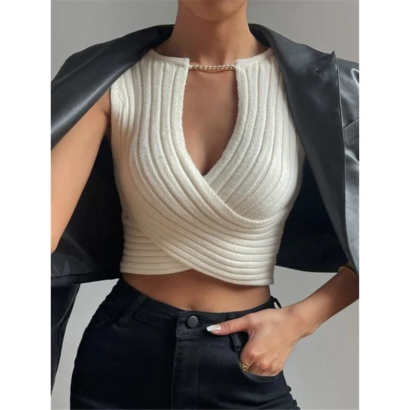 

Solid Slim Sleeveless Knitted Sweater Women Summer V Neck Short Slim Fit T Shirt White Elegant Spicy Sexy Blouse Cross Tank Tops
