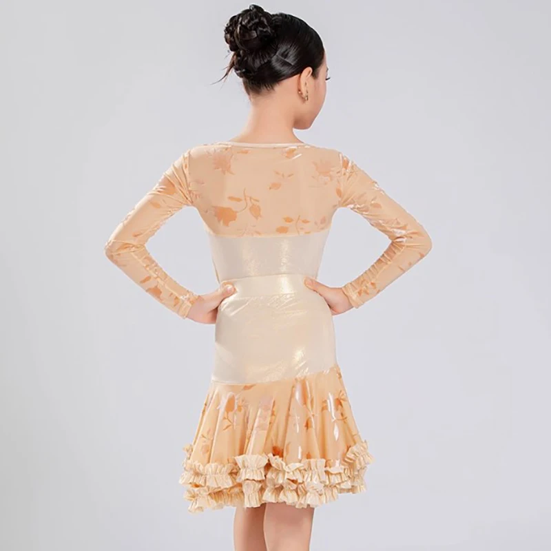 Kids Girls Latin Dance Clothes Children Bright Print Long Sleeve Bodysuit and Lace Ruffles Skirt Dancewear Competition Costume
