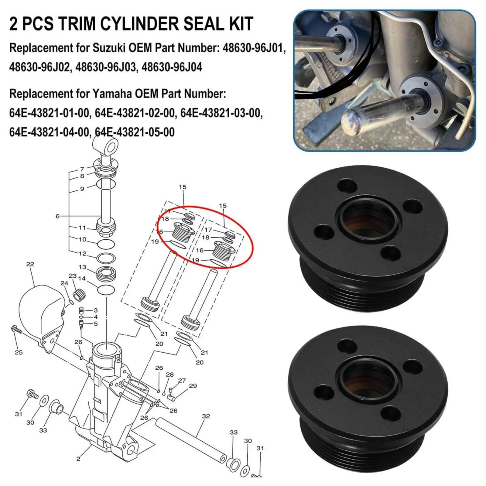 

2x Outboard Motor Trim Cylinder End Caps 48630-96J01 Tilt Trim Repair Parts Replacement with Seals for 115-300 HP