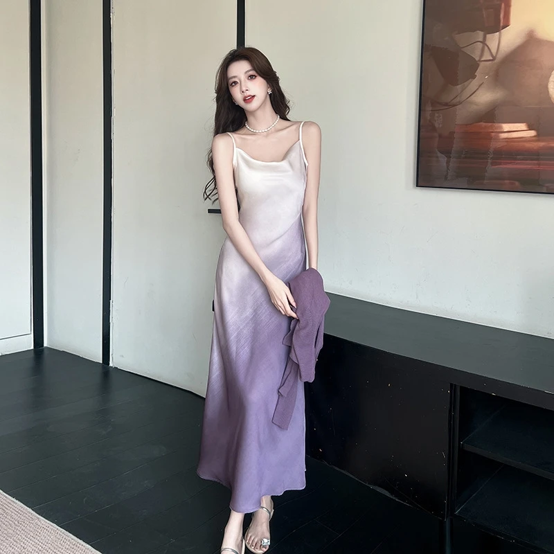 Robe printemps/automne dégradée tie-dye avec découpe au dos exquise et jupe longue élégante