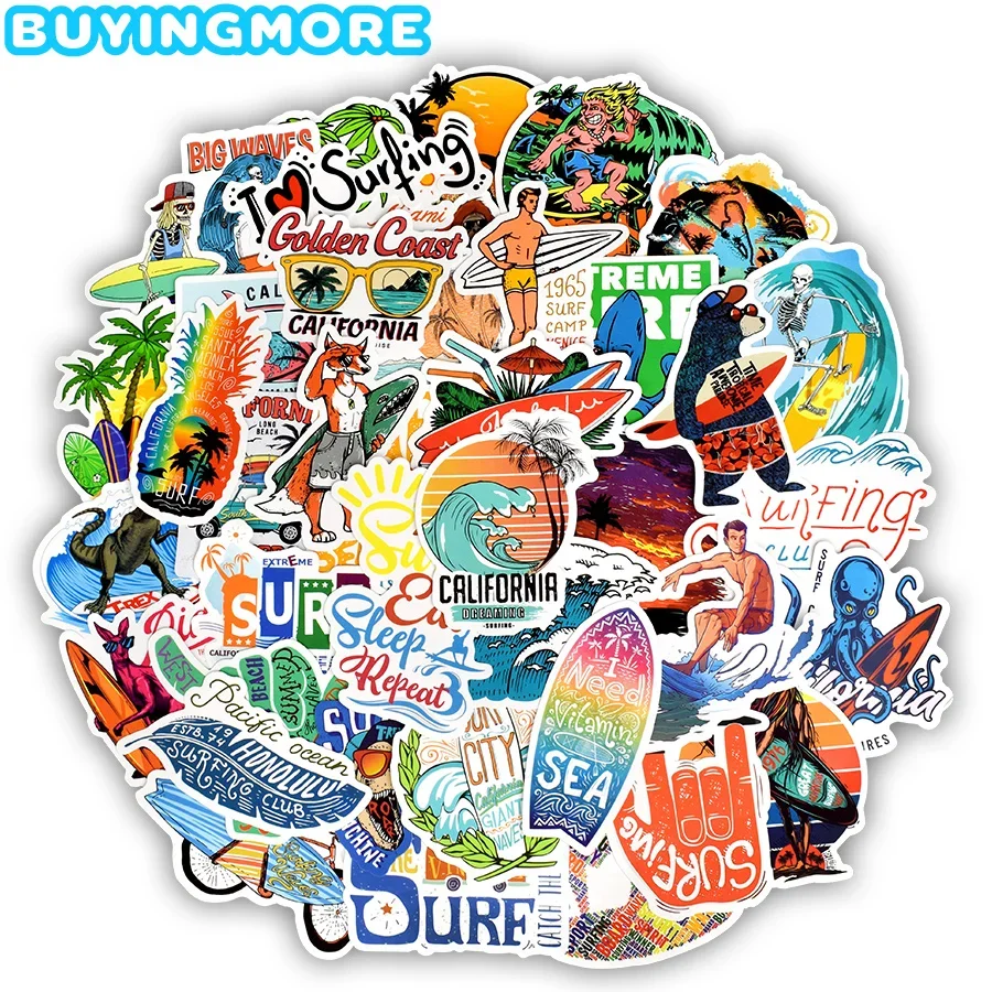 50PCS Outdoor Surfing Cartoon Stickers Summer Sports Tropical Beach Surfing Waterproof Stickers for DIY Surfboard Skateboard Car